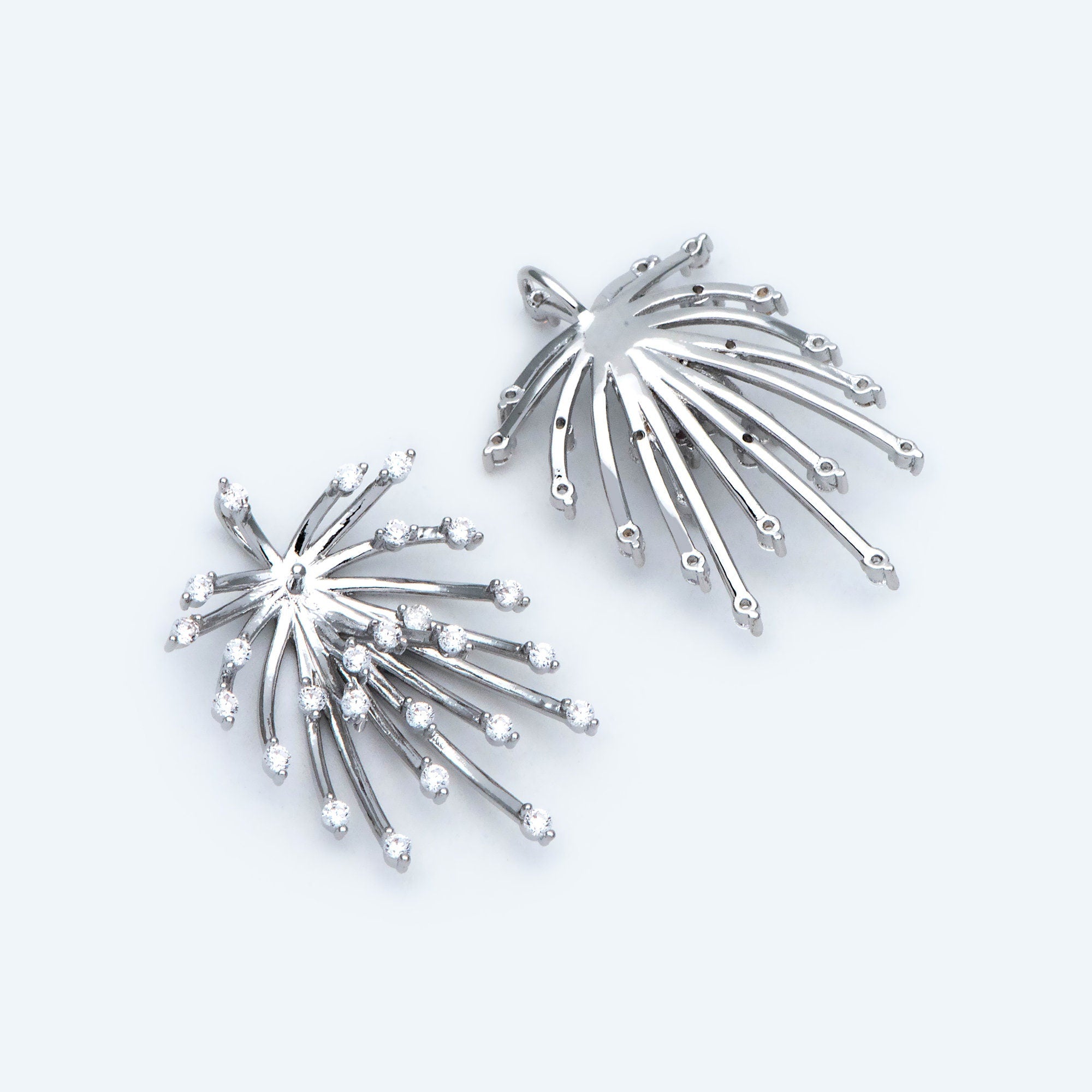 4pcs CZ Pave Gold/ Silver tone Fireworks Charm 27x14mm, DIY Pendant Drop Bail, Peg Pearl Findings, Pearl Setting (GB-1424)